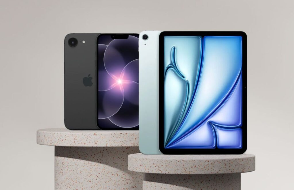 Apple kicks off a new tech era with the iPhone 17e and iPad Air M4 The two new Apple products being presented on two stone display stands