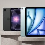 The two new Apple products being presented on two stone display stands