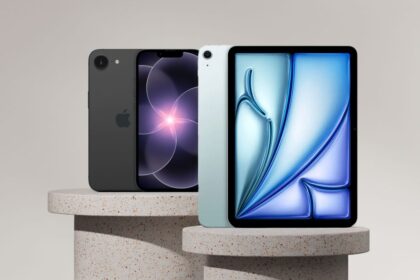 The two new Apple products being presented on two stone display stands