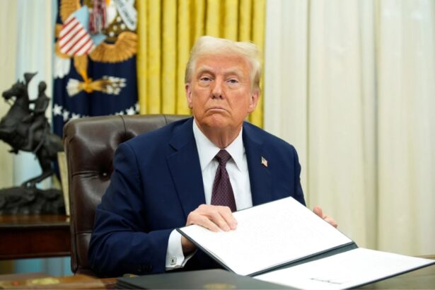 Donald Trump sitting in his office with several folders open