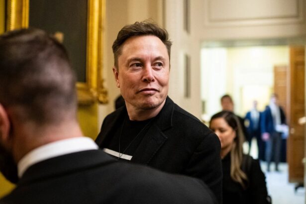 Elon Musk walking with a smile in what appears to be the White House