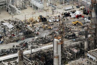 Destruction, chaos, and many burned and charred objects after the massive fire that occurred at the refinery