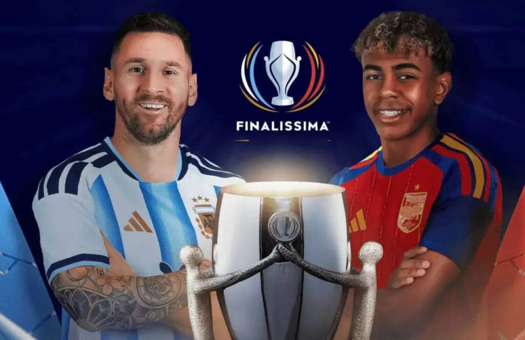 Messi and Lamine Yamal in a single image with the Intercontinental Cup placed between them