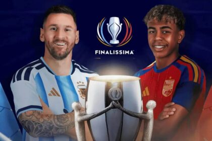 Messi and Lamine Yamal in a single image with the Intercontinental Cup placed between them