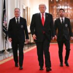 Trump giving Messi and another Inter Miami representative a tour of the White House while they wear elegant suits