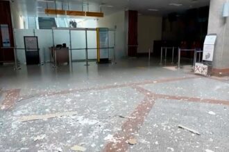 One of the sections of the airport with the roof destroyed and lying on the ground