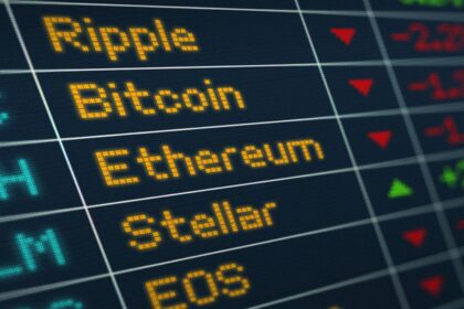 A TV screen showing the crypto market in negative territory