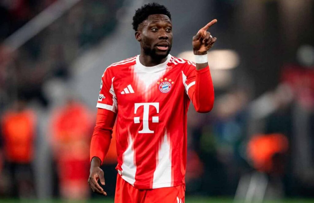 Manchester United prepares move for Alphonso Davies to strengthen its defense The Canadian player in the middle of a match pointing with one of his fingers toward his teammates or the home crowd