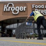 A panoramic image of a Kroger store with one of its employees organizing a row of shopping carts