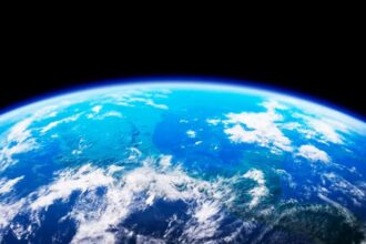 A panoramic view of Earth from outer space with its beautiful blue and green colors