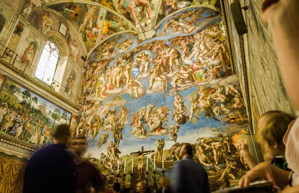 One of Michelangelo’s most striking works, featuring many angels in the sky