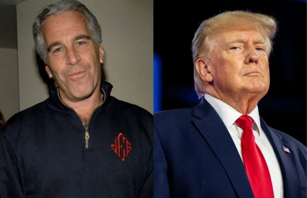 Two images: one of Epstein smiling at the camera and another of Donald Trump with a very serious expression