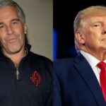 Two images: one of Epstein smiling at the camera and another of Donald Trump with a very serious expression