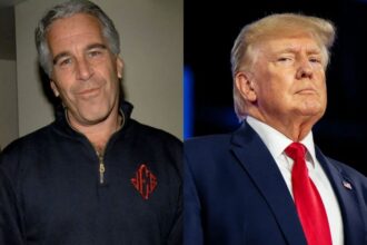 Two images: one of Epstein smiling at the camera and another of Donald Trump with a very serious expression