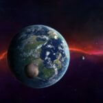 An Earth-like planet in the middle of space with several moons around it