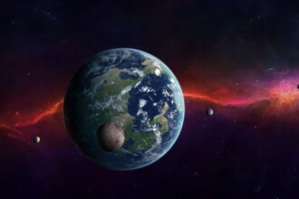 An Earth-like planet in the middle of space with several moons around it