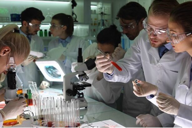 traducir Several scientists in a laboratory working with microscopes and pipettes