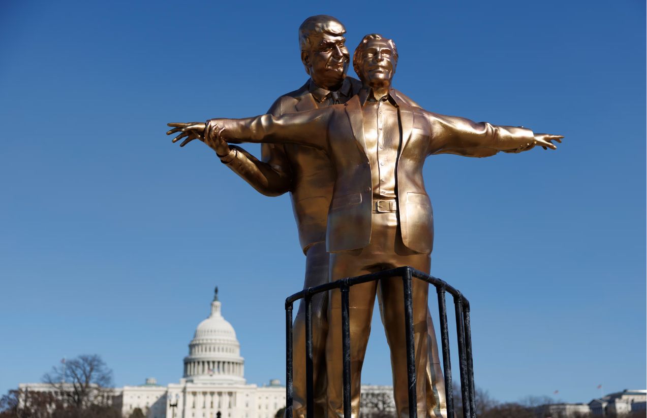 Satirical statue of Trump and Epstein inspired by titanic sparks controversy in Washington