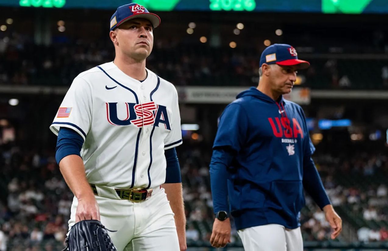 Skubal leaving the field with one of his coaches after delivering a magnificent performance with Team USA