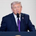 Donald Trump speaking seriously in front of the cameras following the situation in the Middle East