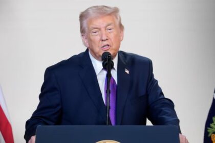 Donald Trump speaking seriously in front of the cameras following the situation in the Middle East