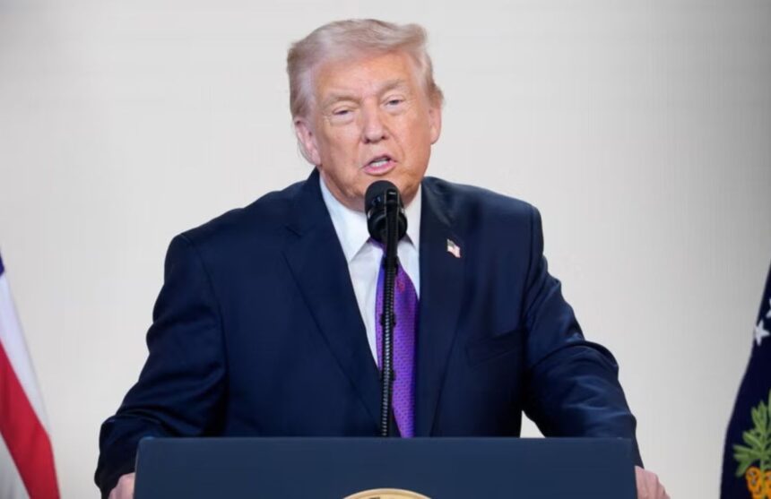 Donald Trump speaking seriously in front of the cameras following the situation in the Middle East