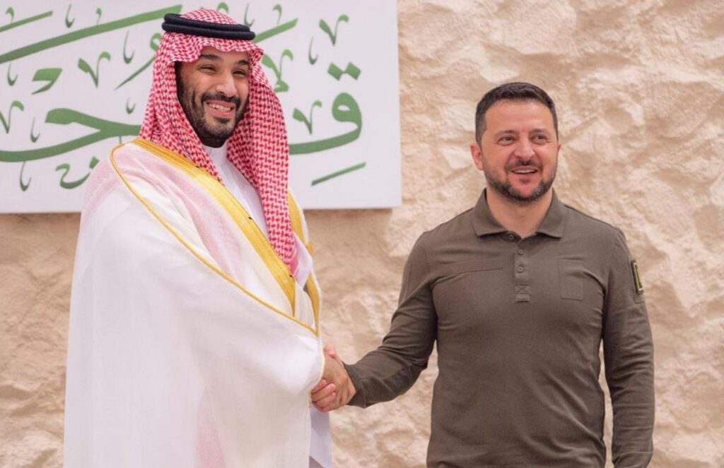 Ukraine and Saudi Arabia seal key alliance to counter Iranian drones The president of Ukraine and the leader of Saudi Arabia shaking hands with big smiles