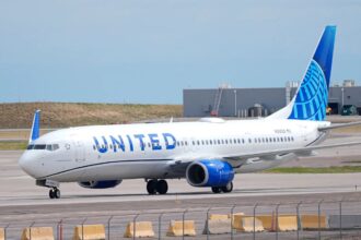 A United Airlines airplane parked at an airport