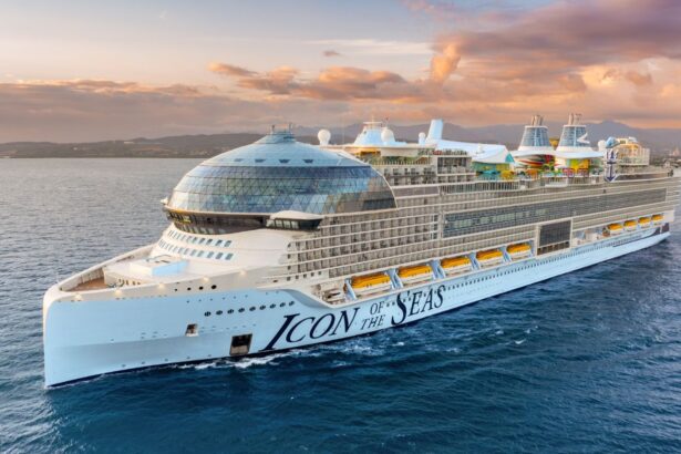 A panoramic photo of a cruise ship in the middle of the sea.