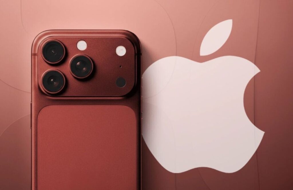Apple’s new cellphone in burgundy color with the company logo next to it
