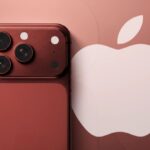 Apple’s new cellphone in burgundy color with the company logo next to it