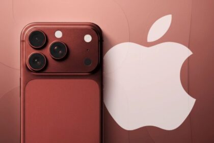 Apple’s new cellphone in burgundy color with the company logo next to it