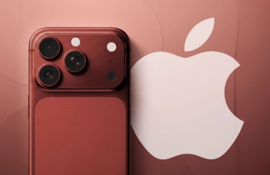 Apple’s new cellphone in burgundy color with the company logo next to it