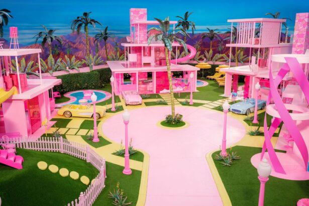 The Barbie houses that appear in the movie with their beautiful pink and blue colors