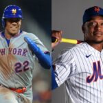 Juan Soto and Jorge Polanco wearing the New York Mets uniform—one during a game and the other posing for the cameras.