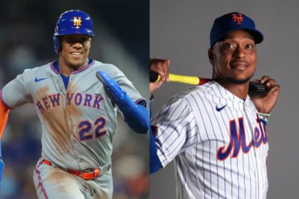 Juan Soto and Jorge Polanco wearing the New York Mets uniform—one during a game and the other posing for the cameras.