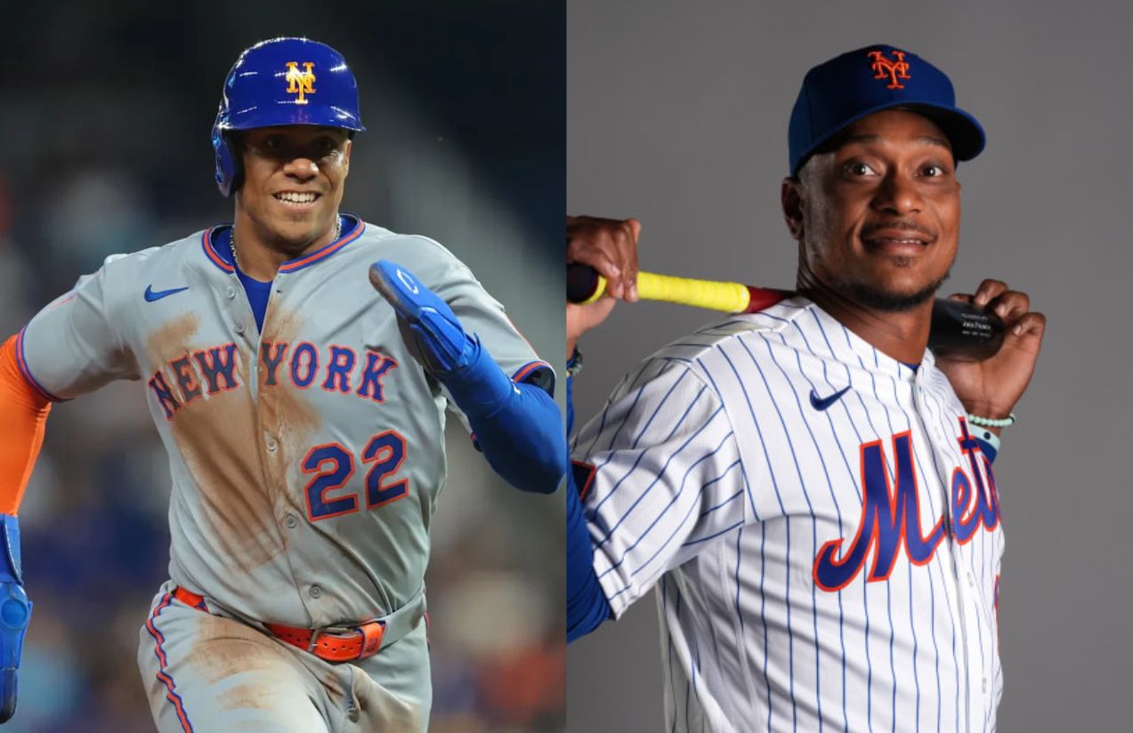 Juan Soto and Jorge Polanco wearing the New York Mets uniform—one during a game and the other posing for the cameras.