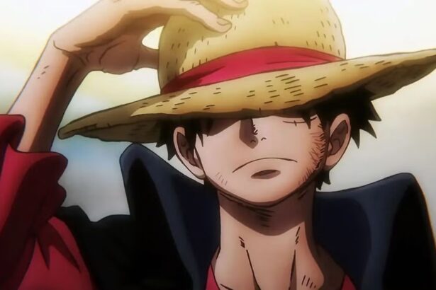 Monkey D. Luffy covering his eyes with his hat while pulling it forward with his hand.