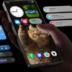 A hand holding a Samsung phone while browsing through the apps