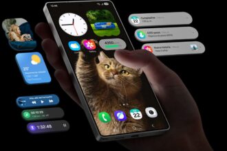 A hand holding a Samsung phone while browsing through the apps