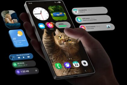 A hand holding a Samsung phone while browsing through the apps