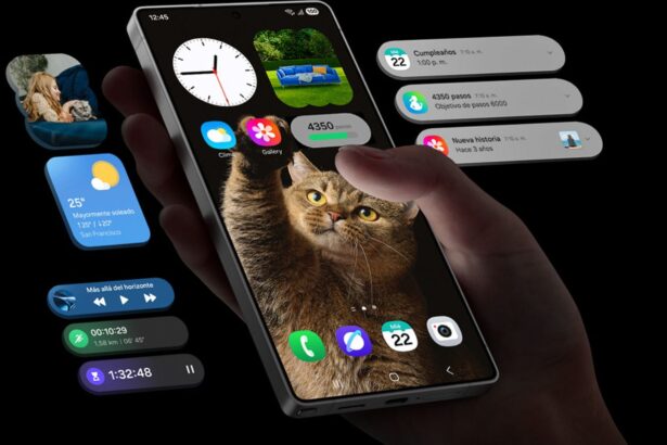 A hand holding a Samsung phone while browsing through the apps