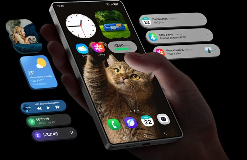 A hand holding a Samsung phone while browsing through the apps