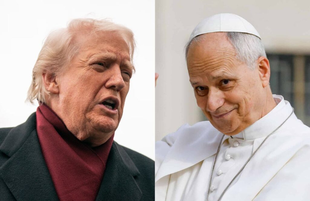 A photo of Donald Trump and Pope Leo XIV, one speaking to his audience and the other pointing at someone in the crowd.