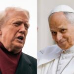 A photo of Donald Trump and Pope Leo XIV, one speaking to his audience and the other pointing at someone in the crowd.