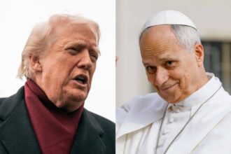 A photo of Donald Trump and Pope Leo XIV, one speaking to his audience and the other pointing at someone in the crowd.