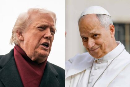 A photo of Donald Trump and Pope Leo XIV, one speaking to his audience and the other pointing at someone in the crowd.