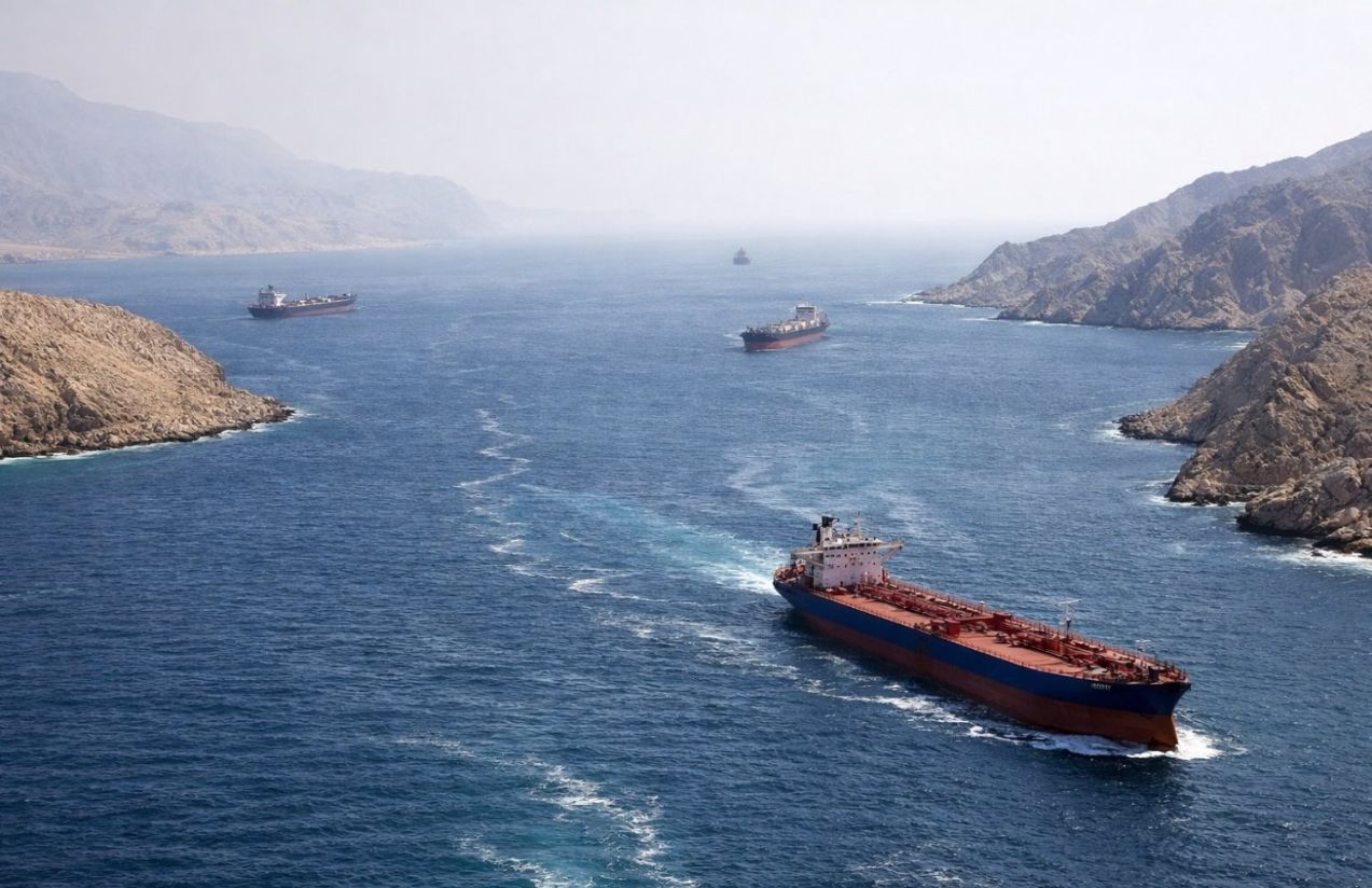 Several cargo ships transporting goods through the Strait of Hormuz.