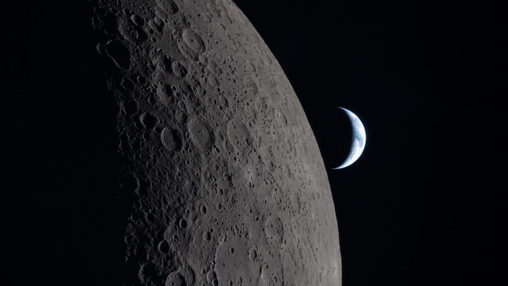 A panoramic view of the Moon, with the beautiful Earth behind it.