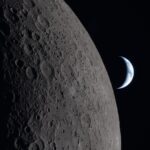 A panoramic view of the Moon, with the beautiful Earth behind it.